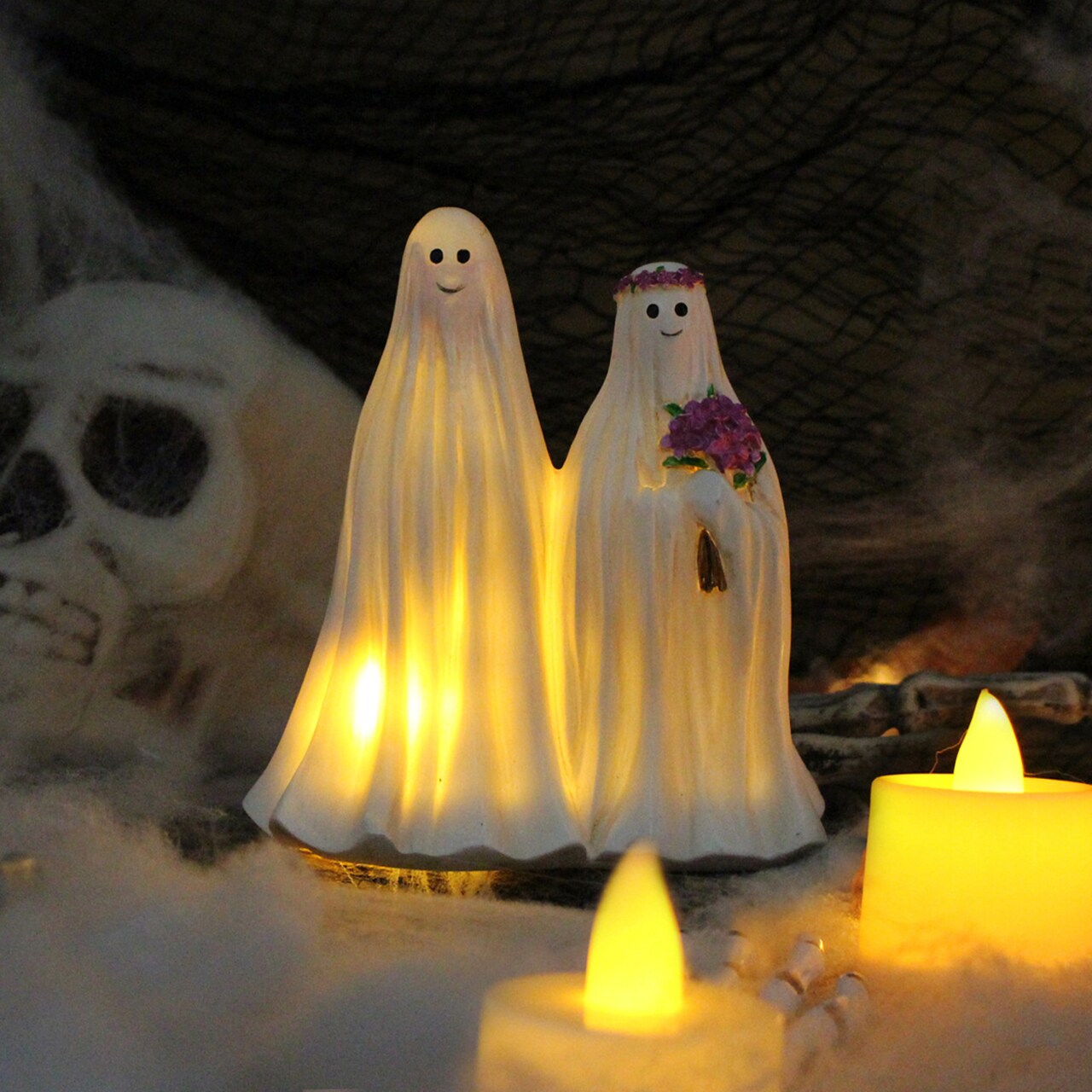 Halloween Ghost Bride Groom Figurine Night Light Spooky Glowing Ghost Resin Statue Sculpture Indoor Outdoor Garden